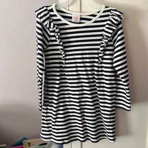 White and navy striped long sleeve dress/tunic with ruffles 5T